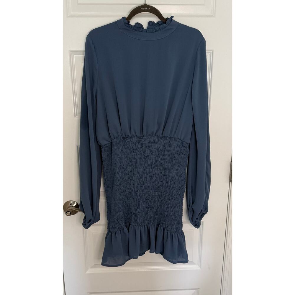 Fashion Nova Blue Smocked Waist Ruffle Hem Long Sleeve Dress Women’s 2X NWOT